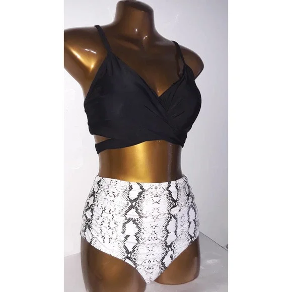 NIP Bikini Sz L Animal Print High Waist Bottoms, Padded Black Strappy Top - Picture 6 of 7